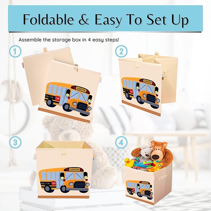 Washable Cube Storage Organizer Bins, Foldable Canvas Toy Organizers and Storage for Toys, Books, Clothes- Kids Storage Bins for Bedroom or Playroom -13x13x13 Inch (School Bus)