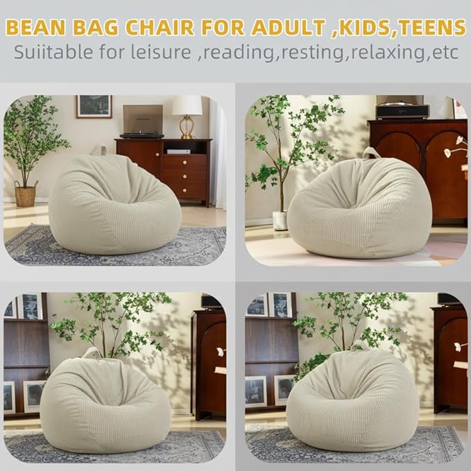 Stuffed Animal Storage Bean Bag Chair Cover (No Filler), Large Toy Storage Organizer & Comfy Kids Sofa Chair for Playroom, Teens Adults Toddler,Corduroy (White, Cover Only)