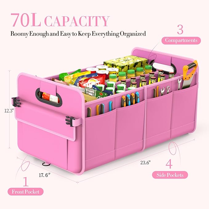 Trunk Organizer For Suv & Sedan,Car Organizers and Storage, Waterproof Collapsible & Adjustable Straps,70L Sturdy Car Organization for Car Accessories, Tools,Sundries,2-3 Compartment（Pink