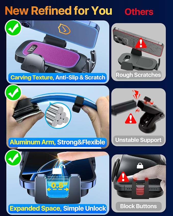 YRU [2026 Ultimate Car Phone Holder Mount [Bendable & Adjustable Aluminum Arm] Cell Phone Holder for Car Dashboard Windshield Phone Stand for iPhone 17 16 15 14 Pro Max Samsung Pickup Truck, Rose Red