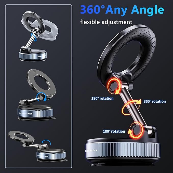 YAOKEEP Magnetic Car Phone Holder for Magsafe [96+LBS Suction & 2800gf Magnetic],360°Adjustable Vacuum Suction Cup Car Phone Mount,Car Mount for iPhone 17 Pro Max 16 15 14 13 12 and All Smartphones