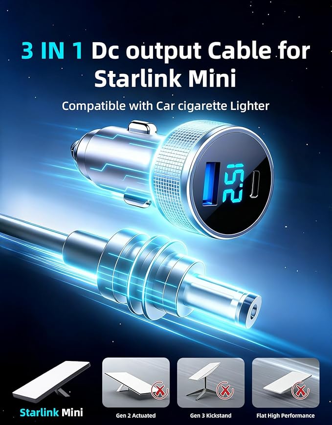 starlink mini car Adapter, 3 in 1 Starlink Mini Car Adapter DC Power Cable and Cigarette Lighter Adapter 12V-48V with Voltage Display, Durable USB-C PD 45W and USB-A 35W Ports，Suitable for Cars（10FT）