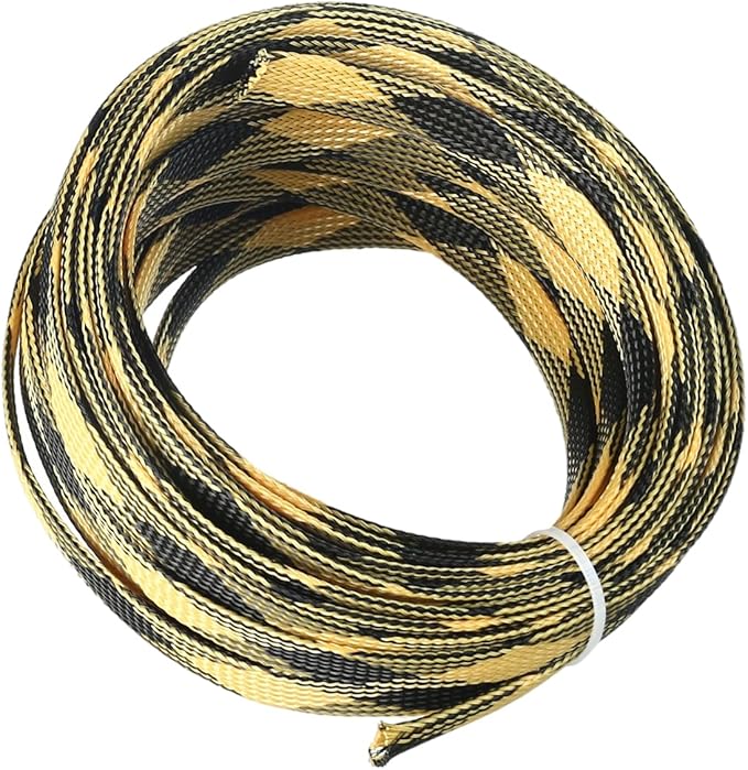 Aicosineg 32.81ft PET Flexible Braided Cable Sleeve 0.44inch Width Wire Loom Sleeving and Organizer Flexible Wire Mesh Sleeve Wrap Protector for TV Audio PC Cords from Pets Chewing Black and Yellow