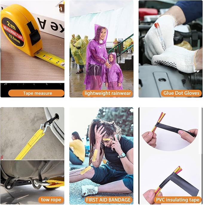 LIANXIN Car Emergency Roadside Tool Kit, Auto Emergency Kits Vehicles, with Jumper Cables kit，Car Safety Roadside Assistance Kit,Headlamp,Tow Straps,Tape Measure,Rainwear,Gloves.Gloves.Pale