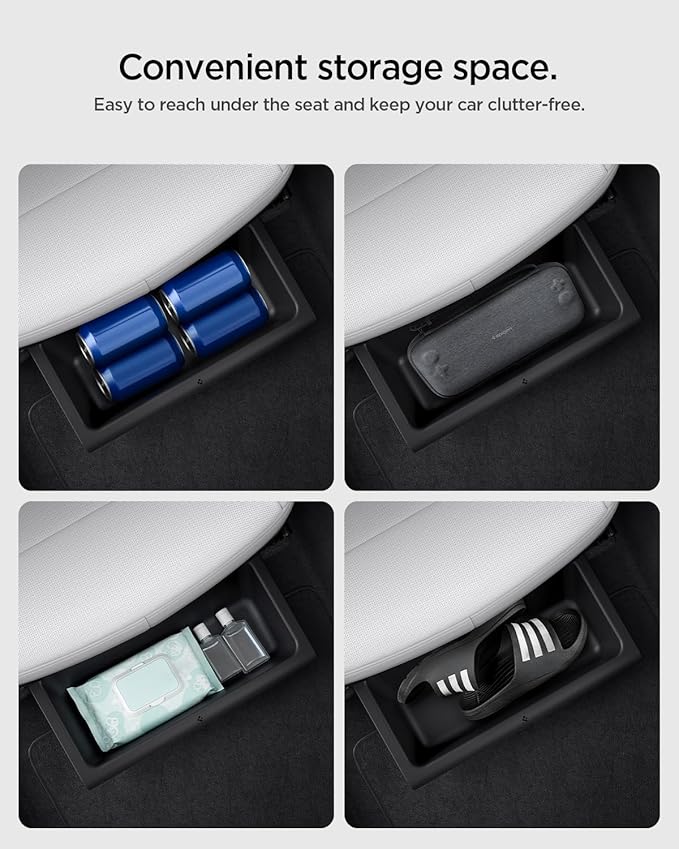 Spigen Under Seat Storage Box, Hidden Organizer Tray [Waterproof & Anti-Rattle] for 2025 2026 Tesla Model Y Juniper Accessories - 2 Pack