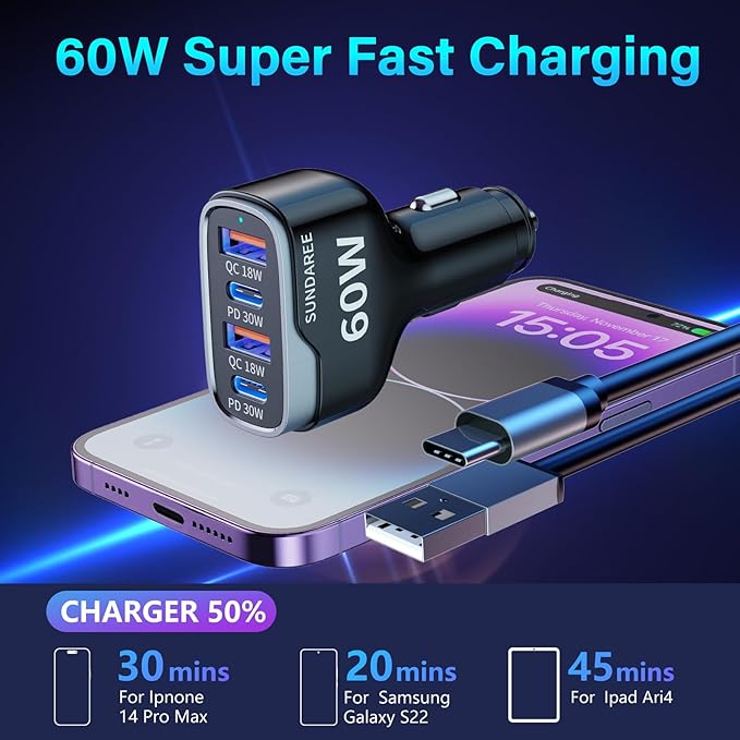 SUNDAREE 4 Ports USB C Fast Car Charger with Plug Outlet, Car Charger Adapter with 3.3FT Cable(USB-A to USB-C), Dual QC 18W & PD 30W Car Phone Charger for iPhone 17/16/15 Pro/Max/SamsungS25 & More