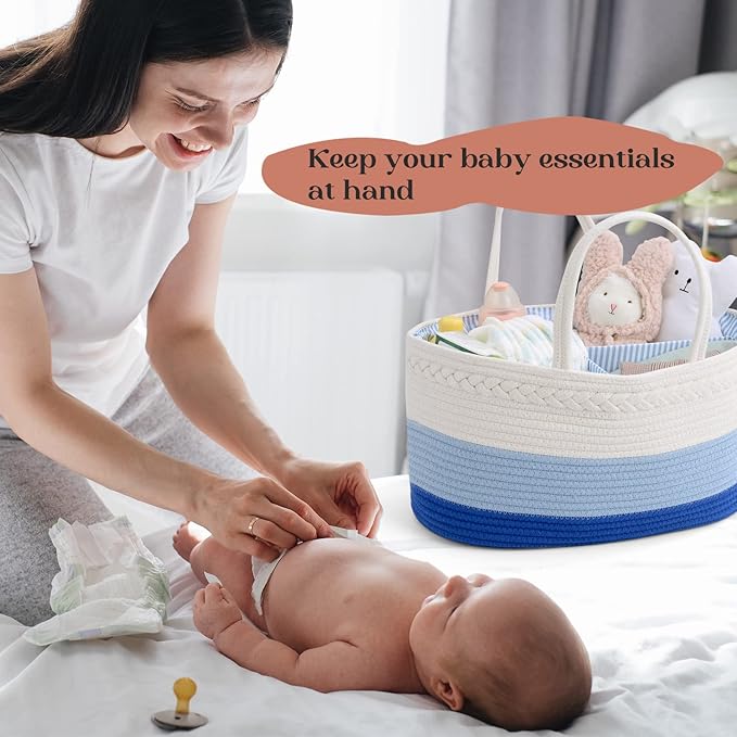 luxury little Diaper Caddy Organizer, Large Cotton Rope Nursery Baby Basket, Changing Table Organizer for Baby Diaper Storage, Portable Car Organizer Removable Divider (Blue, Extra Large)