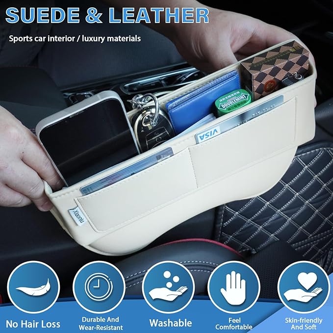 Car Seat Gap Filler Leather Car Seat Organizer and Storage, Universal Car Accessories,Fit Console Side Gap Filler, Suitable for Mobile Phones, Keys, Cards (1Pack Beige)