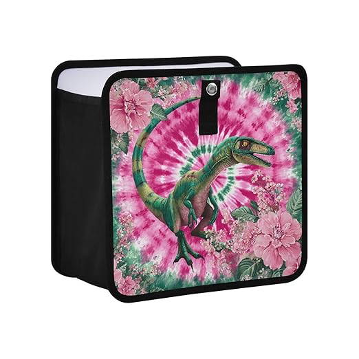 Car Trash Can Organizer Bin with Adjustable Strap for Back Front Seat Console Waterproof Leakproof Collapsible Portable 8.66 Inch Tie Dye Dinosaur Pink Green