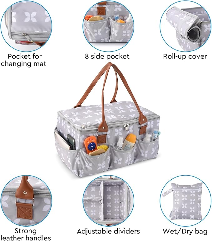 Moteph Diaper Caddy with Changing Mat, Large Baby Diaper Caddy Organizer with Lid, Portable Organizer Basket for Baby Essentials, Roll-Up Lid, Built-In Changing Mat Pocket