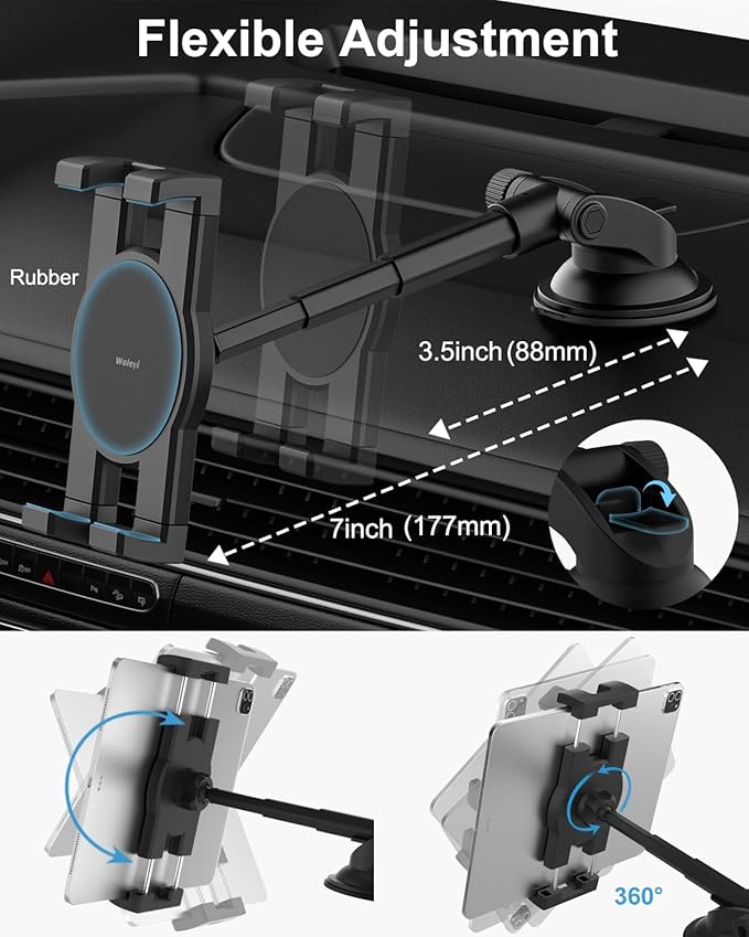 woleyi Dashboard Car Tablet Mount, Telescopic Tube Suction Cup Car Tablet Holder, Compatible with iPad Pro/Air/Mini, Galaxy Tab/Z Fold, Fire HD, Surface, iPhone, More 4.7-11" Cell Phones and Tablets