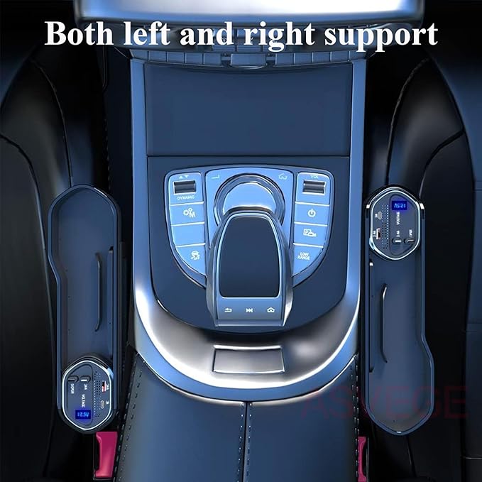 Car Seat Gap Filler Organizer with Wireless Charger,2 USB Ports and 2 Retractable Charging Cable of Type C, iOS, Multifunctional Storage Box with Cup Holder Cigarette Lighter Quick Charge
