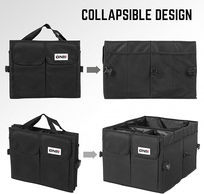 DNA Motoring Trunk Organizer for Car, 60L Large Capacity Foldable Trunk Organizer, Multi Compartment Car Trunk Organizer for Women Men, Black, TOOLS-00419