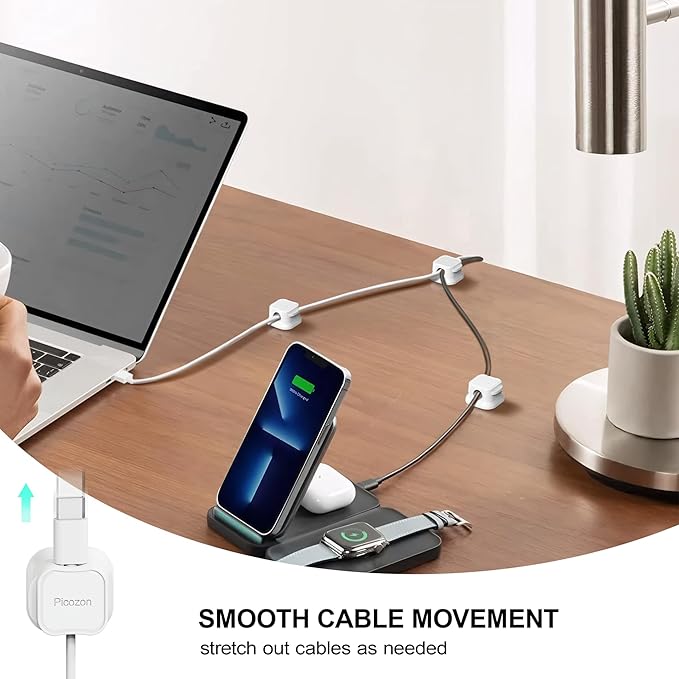24 Pack Magnetic Cable Clip Organizer Cord Holder, Picozon Adhesive Cable Management, Wire Phone USB Charger Cable Holder, Keeper Organizer for Office Home Desktop Table - White