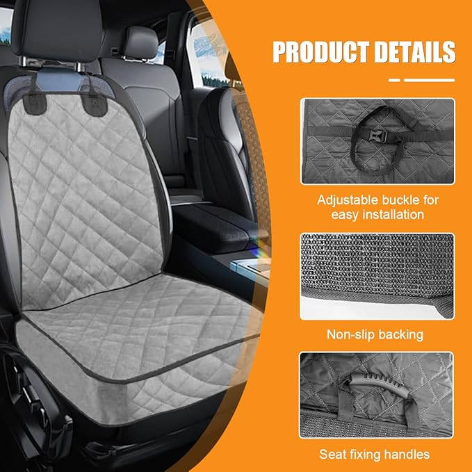 ZIMISI Dog Car Seat Cover, Waterproof & Scratch Proof Car Seat Protector with Side Flaps, Nonslip Front Car Seat Covers with Safety Belt, Universal Dog Mat for Cars, SUVs, Trucks (Grey)