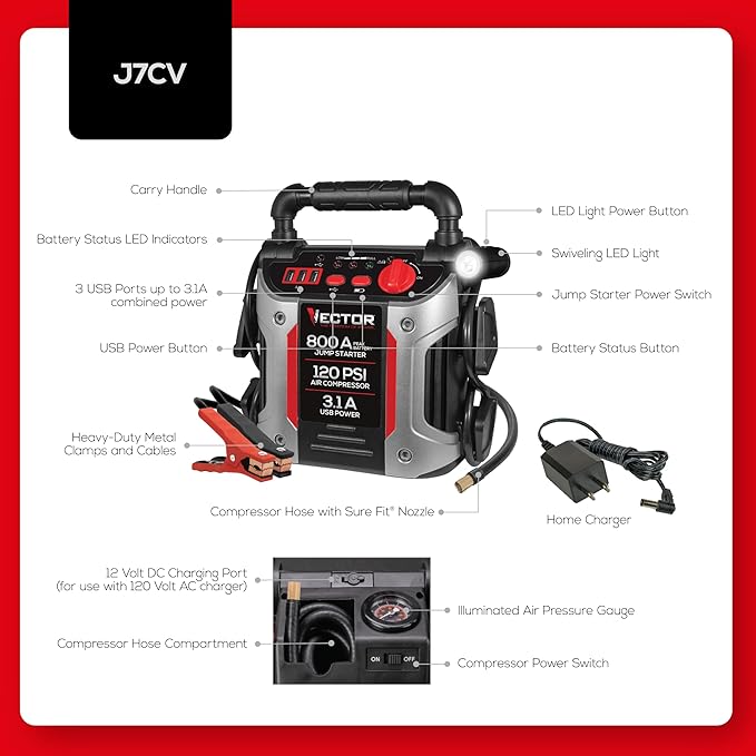 Vector J7CV 800 Peak Amp Automotive Jump Starter, Portable Power - Triple 15W USB Ports, 120 PSI Air Compressor