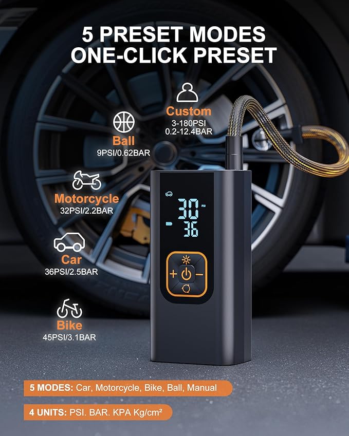 180PSI Tire Inflator Portable Air Compressor, 6X Faster Air Pump for Car Tires with Digital Pressure Gauge, 12V DC Adapter, LED Light, Portable Tire Inflator for Car, Motorcycle, Bike,Silver