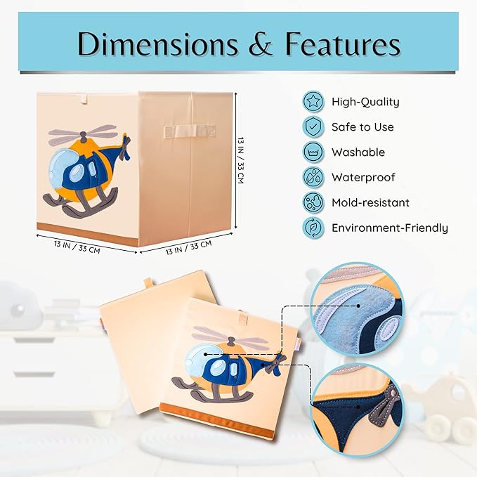 Washable Cube Storage Organizer Bins, Foldable Canvas Toy Organizers and Storage for Toys, Books, Clothes- Kids Storage Bins for Bedroom or Playroom-13x13x13 Inch (Helicopter)