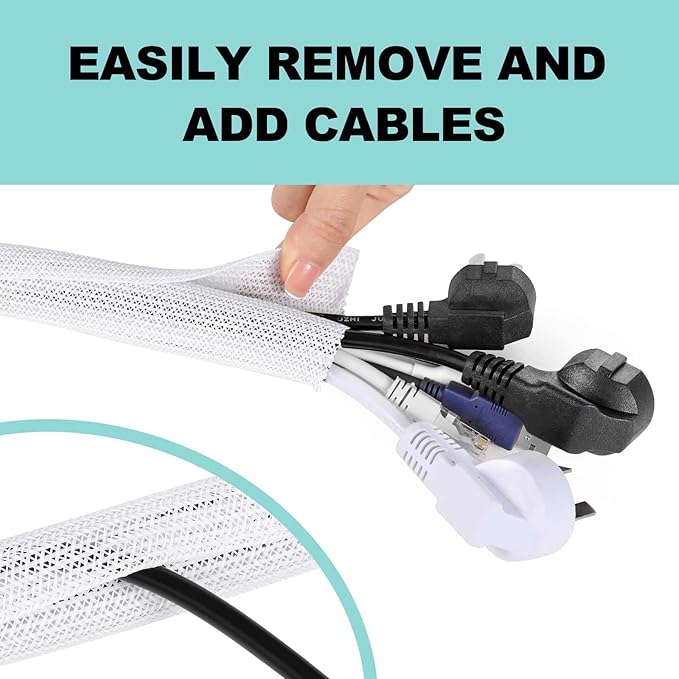 AGPTEK Cable Sleeve, 20ft - 1 inch Cable Management Desk Cord Cover Organizer Wire Hider for Home Office Computer TV Wire Loom Tubing Pet Proof Cord Protector from Cat Dog Chewing, White
