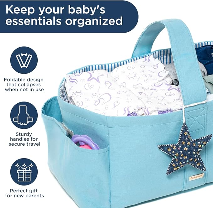Folkulture Baby Diaper Caddy | Cotton Diaper Bag for Kids - Stylish Comfort Spacious Travel Essential Cart | Nursery Storage Bin and Car Organizer for Diapers, Wipes (Sky Blue - 15")