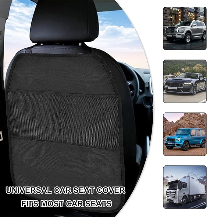 2 PCS Kick Mat Back Seat Protector, Waterproof Car Backseat Protective Kick Mat with 2 Mesh Pockets, Large Vehicle Seat Back Kick Mat Organizer for Kids, Car Accessories