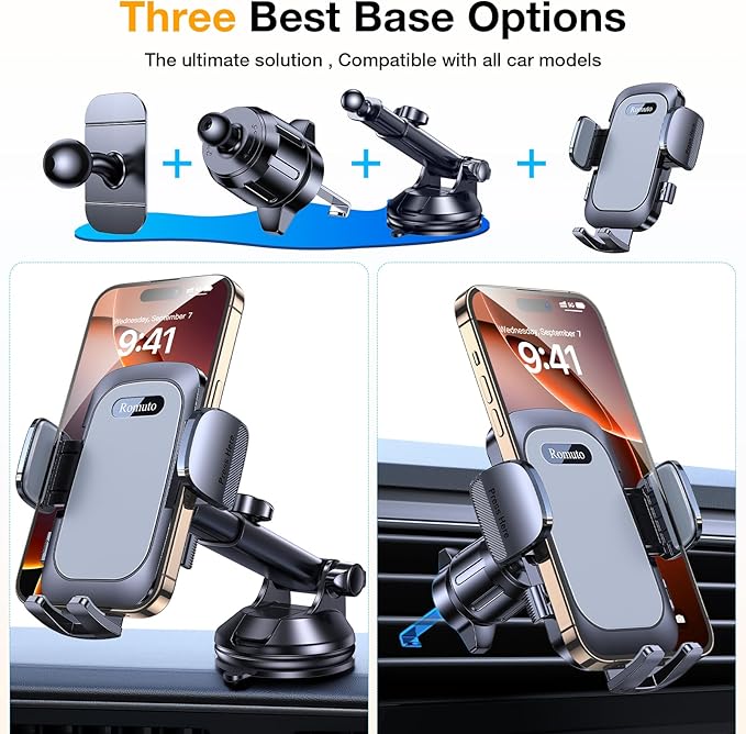 Romuto Car Phone Holder Mount【Strongest Suction】 Phone Mount for Car Cell Phone Holders for Your Car Accessories for Women Men Dashboard/Windshield/Vent/Camera Mounts Stand Holder for iPhone Samsung