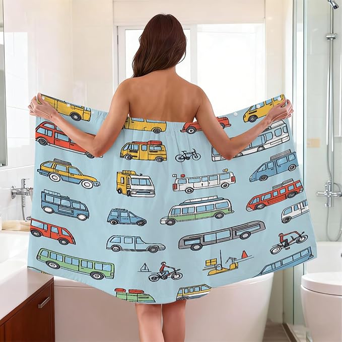 Women's Bath Wrap Retro Cars Bus Pattern Absorbent Shower Spa Body Bath Robe Wraps Bathrobe Towel with Adjustable Closure