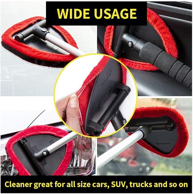 Windshield Cleaner Tool, Car Wash Brush, Car Window Cleaner Tool with Extendable Handle and 2 Pack Washable Reusable Cloth, Car Cleaning Supplies, Car Wash Brush with Long Handle