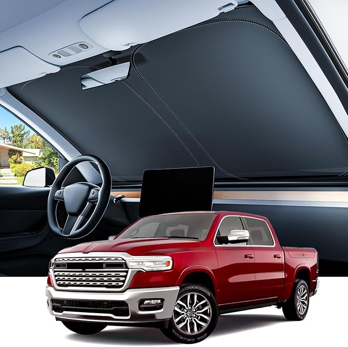 REEVAA Upgraded for Dodge RAM 1500 2026-2019 Windshield Sunshade [Tailored Fit, 99% Sun Protection] Foldable Sun Shade Car Accessories with Storage Bag