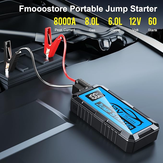 8000A Car Jump Starter, 12V Jump Starter Battery Pack (All Gas,up to 10.0L Diesel Engine) Jumper Cables Portable Lithium Jump Box, USB Output and LED Light