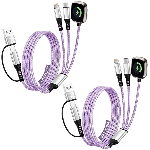 2Pack-5FT, Travel Essentials, Travel Charger for iPhone 17 and iWatch for Multiple Devices, Data Sync, 3 in 2 USB A/USB C Multi Charger with 3 Ports Compatible for iWatch/iPhone 17-6