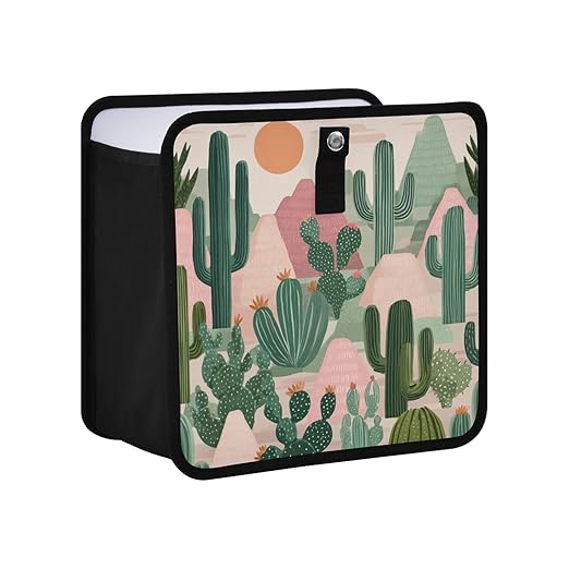 Car Trash Can Organizer Bin with Adjustable Strap for Back Front Seat Console Waterproof Leakproof Collapsible Portable 8.66 Inch Boho Cacti Mountains and Sun