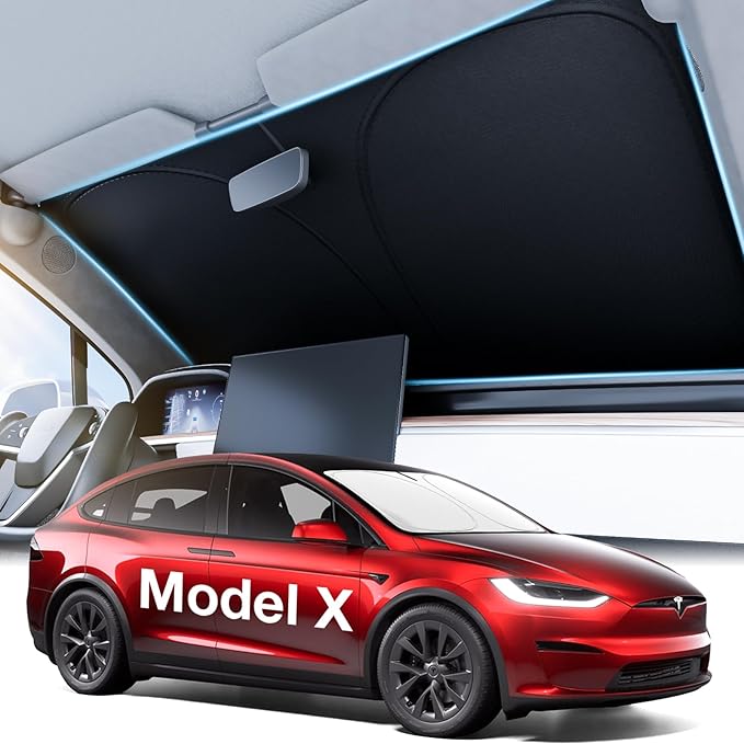 2026 Upgraded Accessories Tesla Model X Windshield Sunshade [Ice Shield Tech Fabric, 100% Sun Blockage], Foldable Heat Insulation Sunshade with Storage Bag, for Tesla Model X 2016~2026, Silver Coating