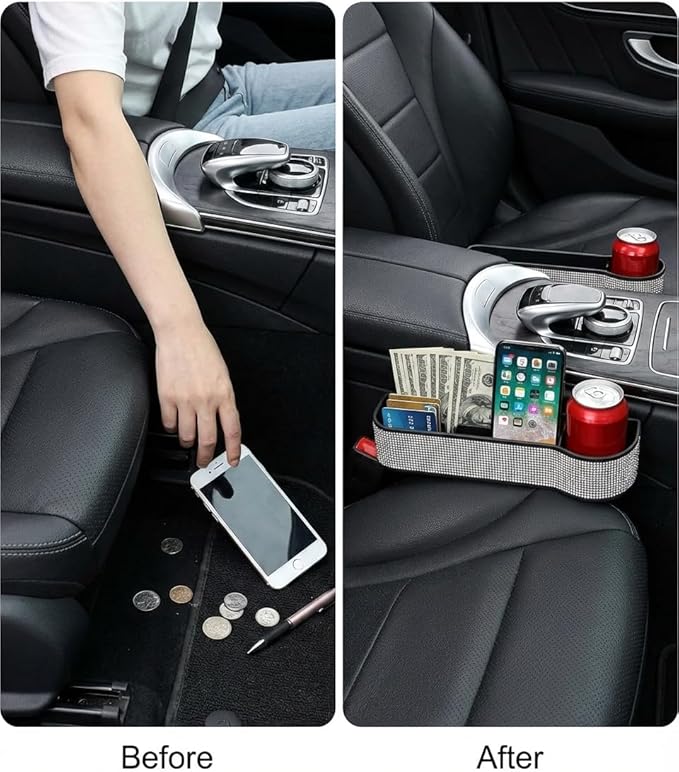 Bling Bling Car Seat Organizer Front Seat Gap Filler with Crystal Rhinestones Diamond, PU Leather Car Seat Console Storage Organizer for Car Accessories (Colorful)