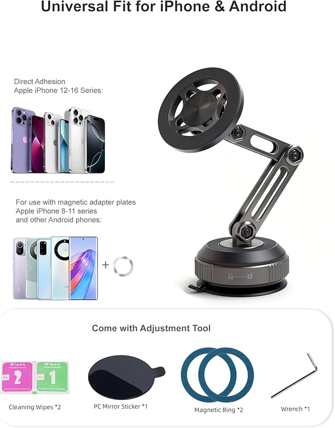 Zinc Alloy Car Phone Mount for Magsafe with N52 Magnet & Vacuum Suction, 360° Rotatable Magnetic Phone Holder for iPhone 17-12, Foldable Phone Stand for Car Windshield, Dashboard and Desk