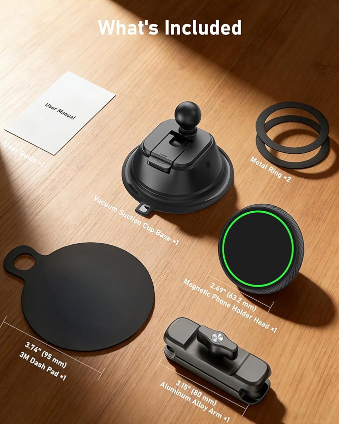 Magnetic Vacuum Suction Cup Phone Mount for Truck & Car, Heavy Duty Semi Truck Holder, 17x Strong Magnets, Adjustable Aluminum Arm Windshield Dashboard Window Mount for MagSafe iPhone 12–17 & Samsung