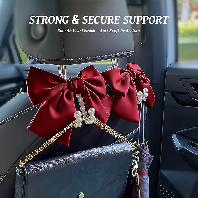 2 PCS Bow Pearl Car Seat Headrest Hook – Cute Purse Hook for Car, Girly Interior Decoration Accessories Hook Hanger, Seatback Holder for Purses & Bags, Elegant Car Organizer (Red)