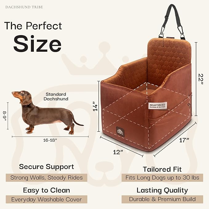 Dog Car Seat for Small Dogs, Dachshund Car Seat Booster Bed for Small Breeds – Non-Slip Base, Adjustable Straps, Washable Cover (Small Size Brown)