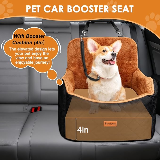 Vivifying Dog Car Seat for Small and Medium Dogs, 4" Booster Pet Car Seat with Safety Strap, Plush Travel Dog Bed for Car with Storage Pocket, Detachable Washable Cover, Fits Dogs up to 35lbs (Black)