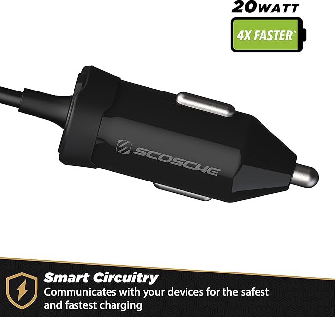 Scosche CPDi4203 PowerVolt 20-Watt MFi Certified Fast Car Charger Power Delivery 3.0 with Attached 4-Foot Adjustable Coiled Lightning Cable for All Lightning Devices