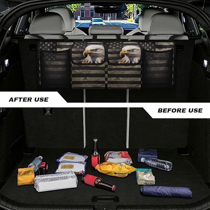 USA Flag Bald Eagle Car Trunk Organizer for Women Men Car Back Seat Hanging Storage Bag Collapsible Auto Cargo Bag with 4 Large Pockets Auto Interior Accessories
