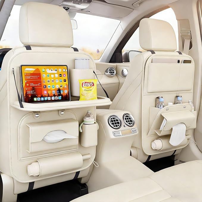 Universal Premium Leather Foldable Car Backseat Organizer with Table Tray, Car Seat Back Protector with Garbage Bag Touch Screen Pad Holder, Car Kick Mats Protector with Tissue Holder (Beige)