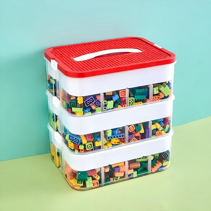 Toys Organizer Storage Case for Lego Box Kids Toy Stackable Building Blocks with Lids Bins Adjustable Lego Storage Containers Plastic Toy Box 3 Layer (Red)