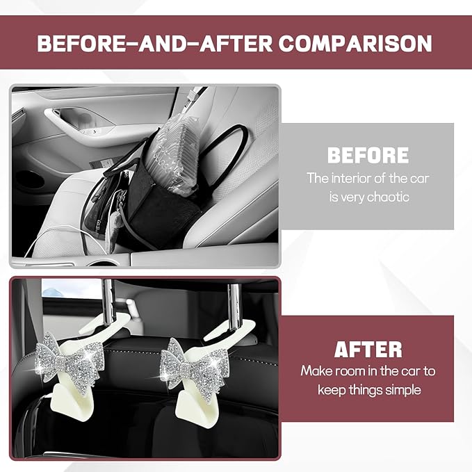 2PCS Bling Bow Car Seat Headrest Hook, Cute Bow Purse Hanger for Cars, Crystal Rhinestone Auto Seat Back Storage Hanging Hooks for Handbag Umbrella Coat Grocery Bags, Car Accessories (White)