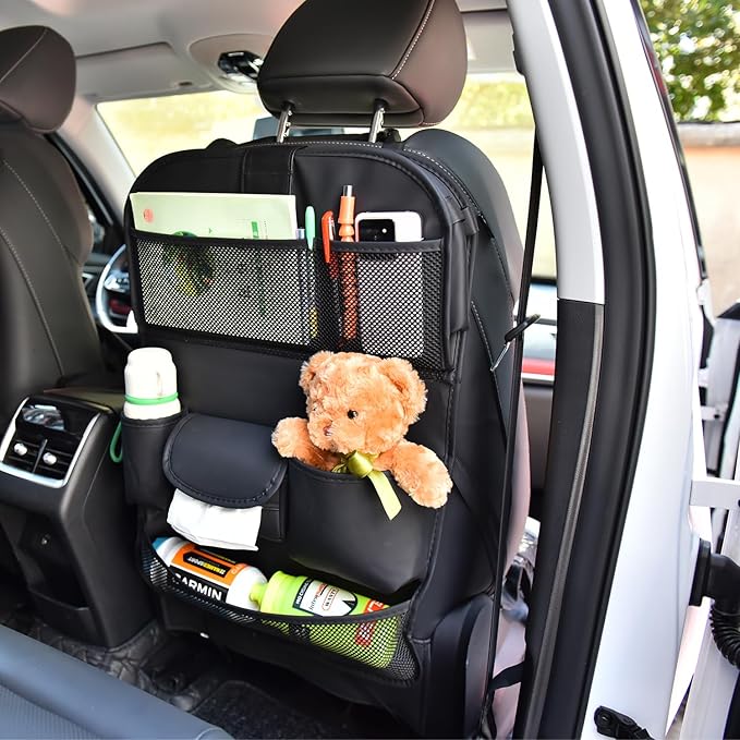 Car Backseat Organizer with Foldable Table Tray – Leather Seat Protector Kick Mats for Kids & Pets, 8 Storage Pockets Travel Organizer with Touch Screen Tablet Holder for SUV Truck Family Road Trips