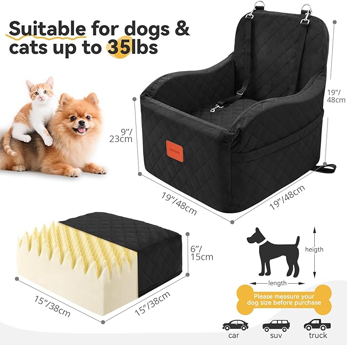 Small Dog Car Seat, Memory Foam Dog Booster Car Seats with Thick Cushion for Medium Dogs Under 35lbs, Detachable Washable Pet Carseat with Storage Pockets(Black, Medium)
