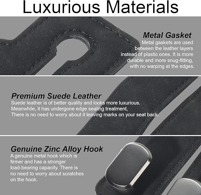 Purse and Bag Hook for Car, Zinc Alloy Seat Headrest Hooks, Upgraded Leather Car Seat Back Purses Hanger and Bags Holder (Black,2Pack)