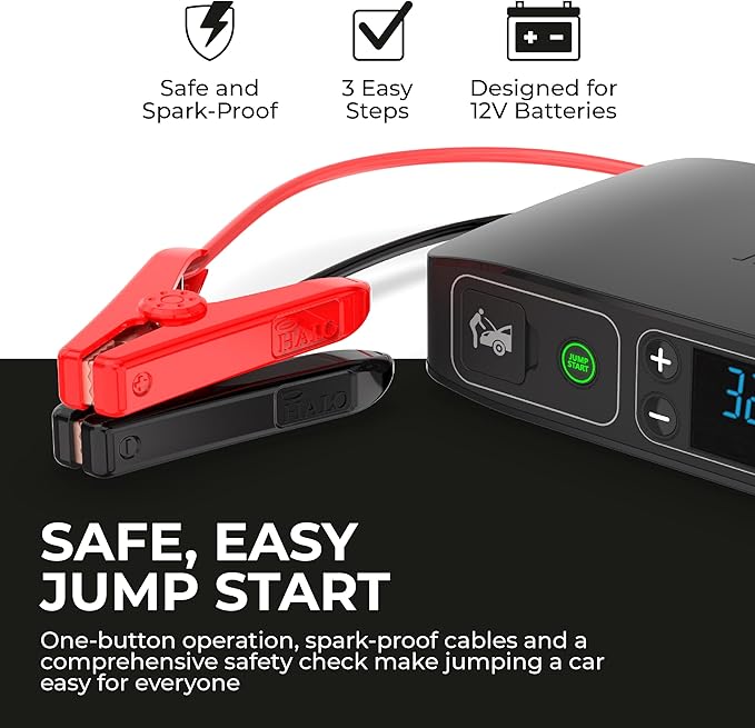 HALO Bolt Air+ AC 55500 Portable Car Battery Jump Starter | 100 PSI Air Compressor, 55.5Wh USB Power Bank with AC Outlet, Emergency Floodlight & Charger, Jump Cars SUVs & Trucks, Inflate Tires — Black