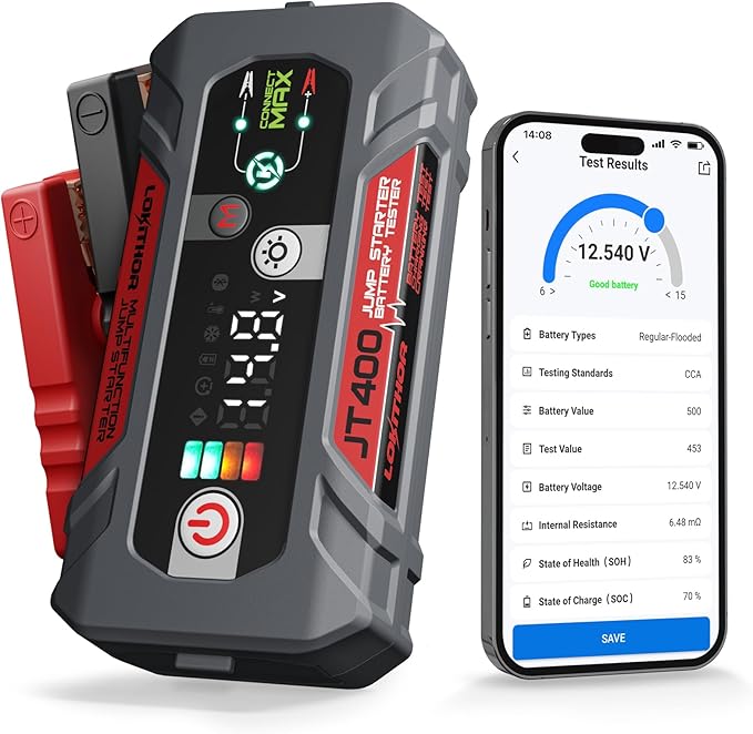 LOKITHOR JT400 2500A Portable Jump Starter with Battery Tester, 12V Car Battery Jump Starter for Up to 8.5L Gas or 6.5L Diesel Engines, 100–2000 CCA Automotive Battery Load Tester