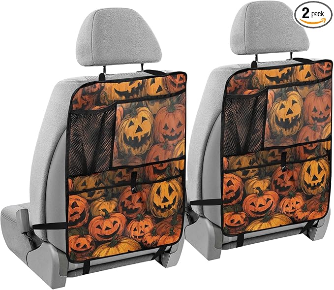 2 Pack Back Seat Car Organizer with Storage Pockets Kick Mats Back Seat Protector Hanging Car Organizer Automotive Seat Back Cover Organizers Cartoon Orange Halloween Pumpkin Lanterns